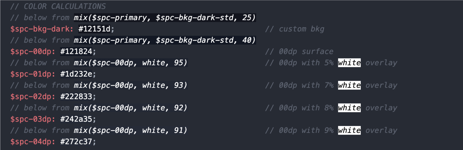 Atom editor showing the color variables I assigned to different elevation levels of my base background color. The mix() SCSS function let me mix by base dark color with white to create the effect of a white overlay as recommended by Material Design.