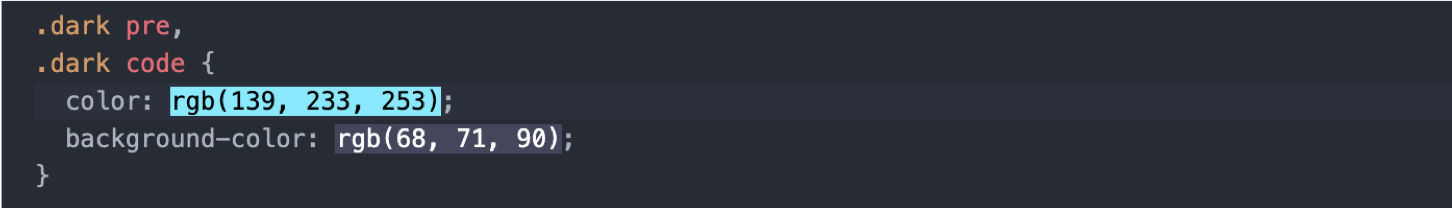 CSS code chunk styling inline code. The Atom editor enables viewers to see the color that hex and rgb color codes correspond to, as the background of the color code text. This screenshot demonstrates that the inline code text color was cyan and the inline code background was light purple.