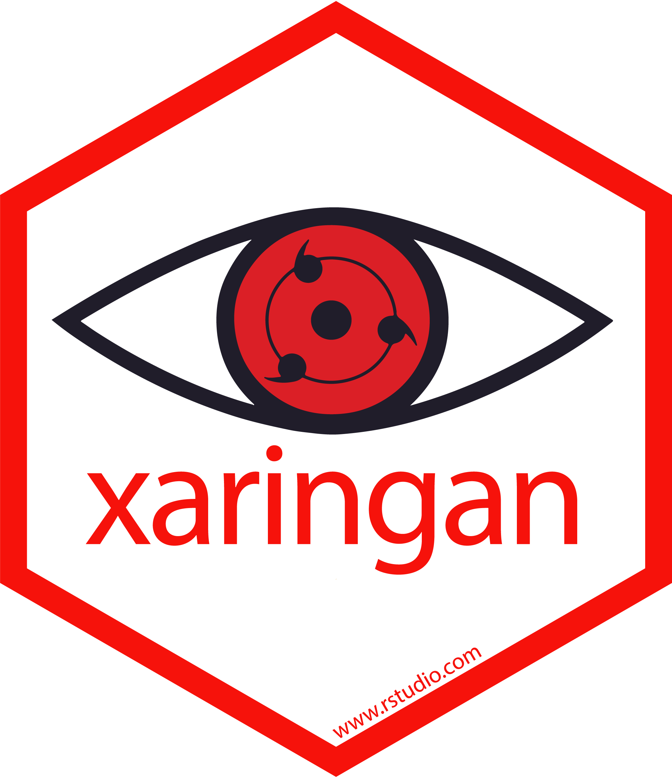 Hex logo for the xaringan package. It features the kaleidoscope copy wheel eye from the show Naruto.